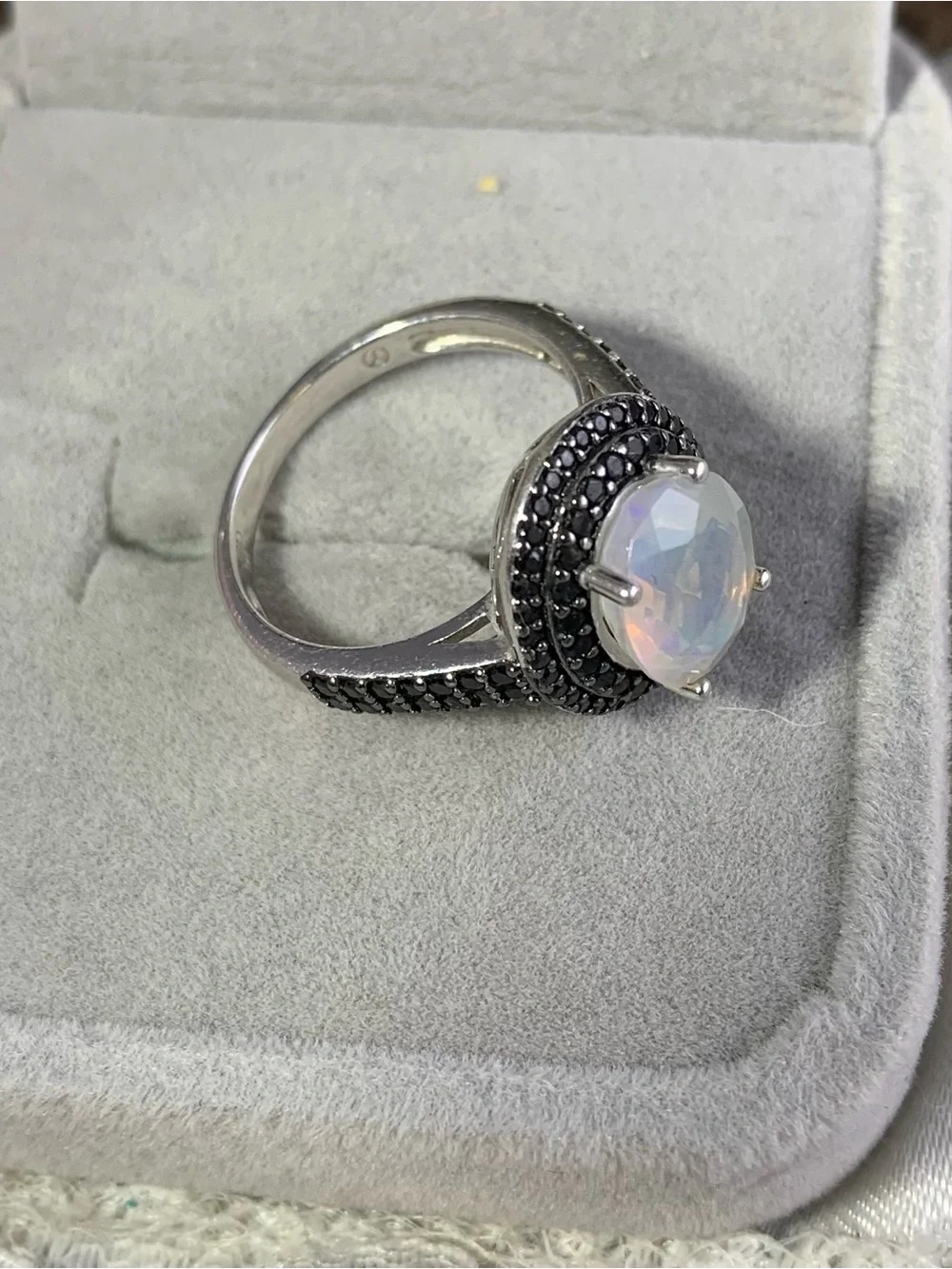 Sterling Silver White Opal Black Spinel Ring stunning oval